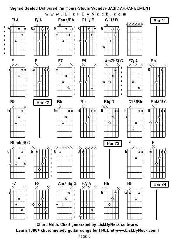 Chord Grids Chart of chord melody fingerstyle guitar song-Signed Sealed Delivered I'm Yours-Stevie Wonder-BASIC ARRANGEMENT,generated by LickByNeck software.